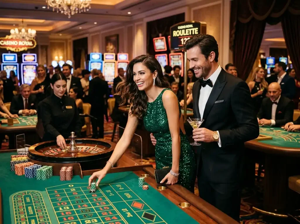 Resorts World Online Casino luxury casino date night with a happy couple enjoying a premium gaming experience