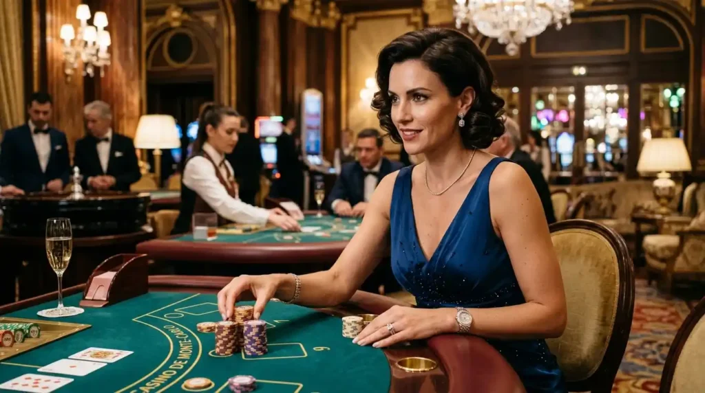 Female casino guest holding colorful casino chips inside a luxury gaming venue, representing the excitement of the Solaire Online Casino experience.