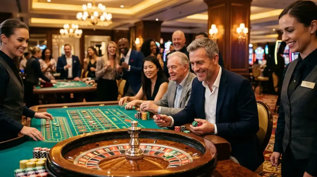 Guests enjoying a live roulette game inside a luxury casino while experiencing the excitement associated with Solaire Online Casino gaming entertainment.