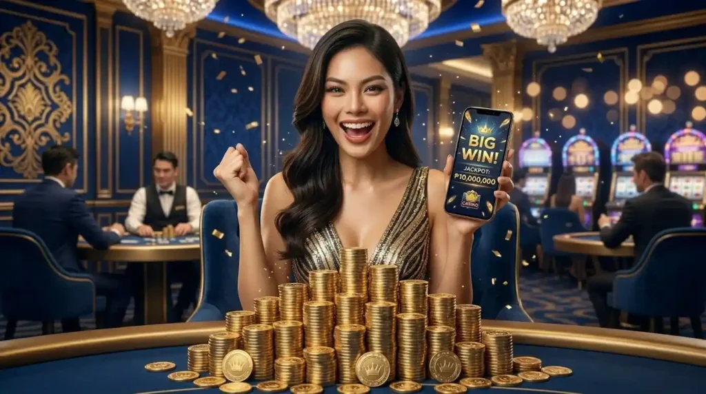 Woman celebrating a big win inside a real casino floor while playing at Solaire online casino branded promotion, surrounded by slot machines and gaming tables in a luxurious casino environment.