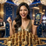 Woman celebrating a big win inside a real casino floor while playing at Solaire online casino branded promotion, surrounded by slot machines and gaming tables in a luxurious casino environment.