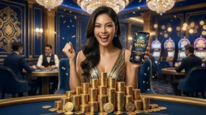 Woman celebrating a big win inside a real casino floor while playing at Solaire online casino branded promotion, surrounded by slot machines and gaming tables in a luxurious casino environment.