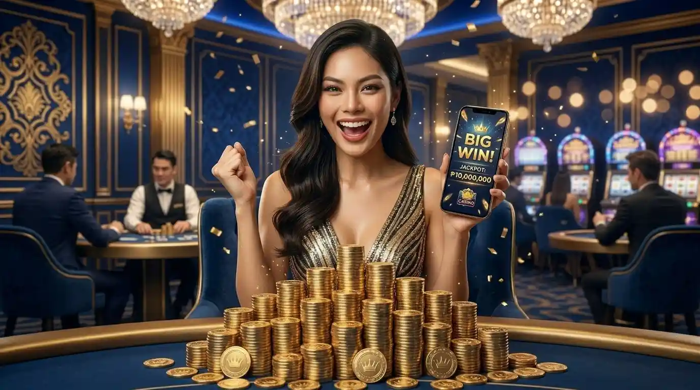 Woman celebrating a big win inside a real casino floor while playing at Solaire online casino branded promotion, surrounded by slot machines and gaming tables in a luxurious casino environment.