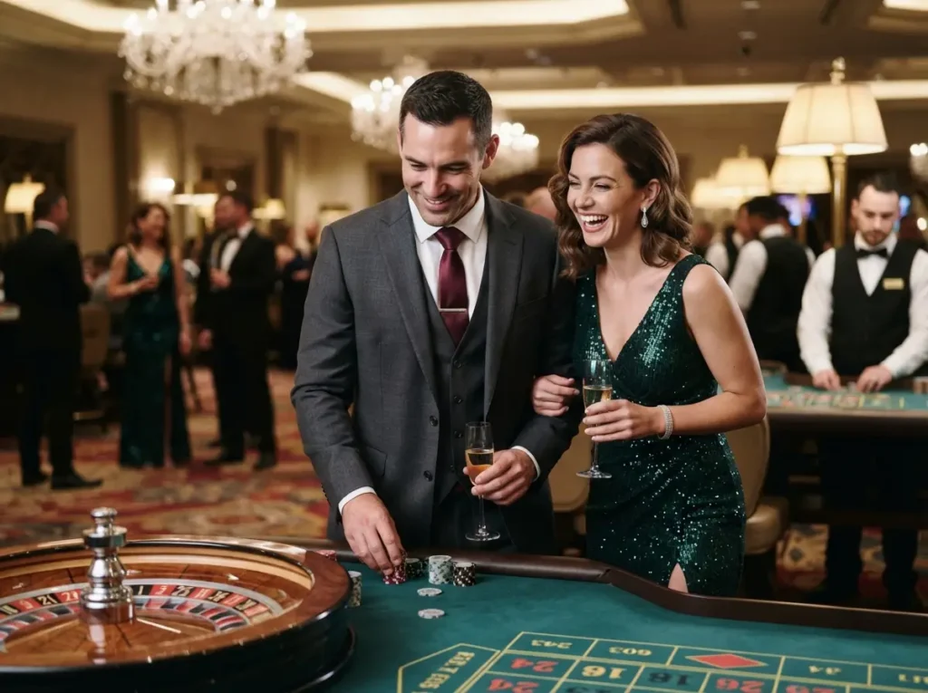Fashionable couple enjoying table games inside a luxury casino while experiencing the excitement of 747 Live Online Casino.
