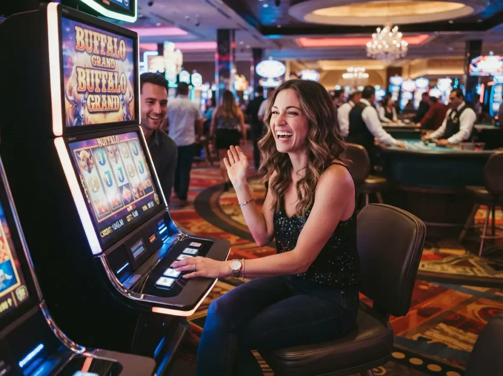 Woman enjoying exciting casino games at a luxury gaming floor with 747 Live Online Casino.