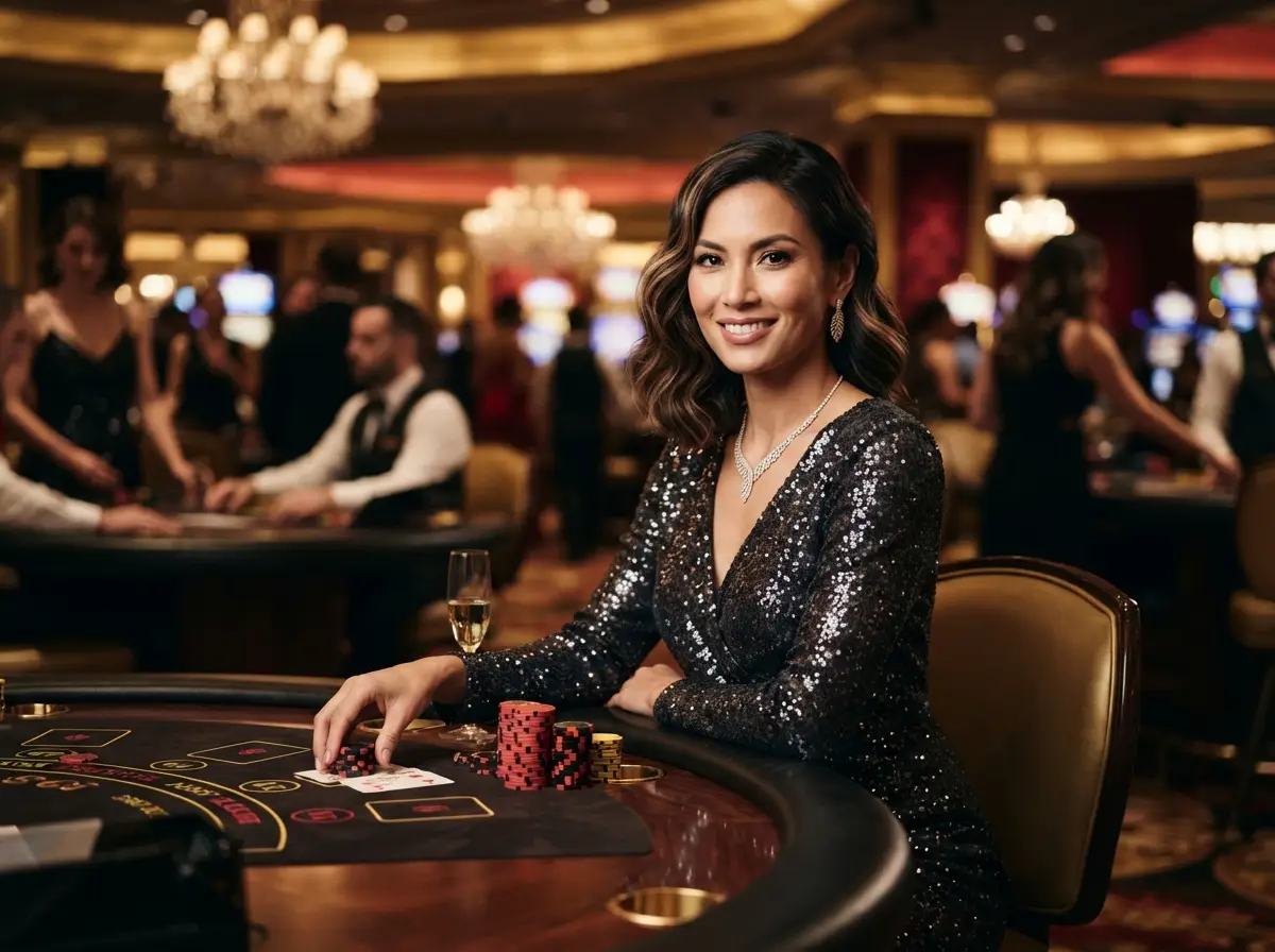 Woman enjoying a luxurious night inside a casino while exploring 747 Live Online Casino games.