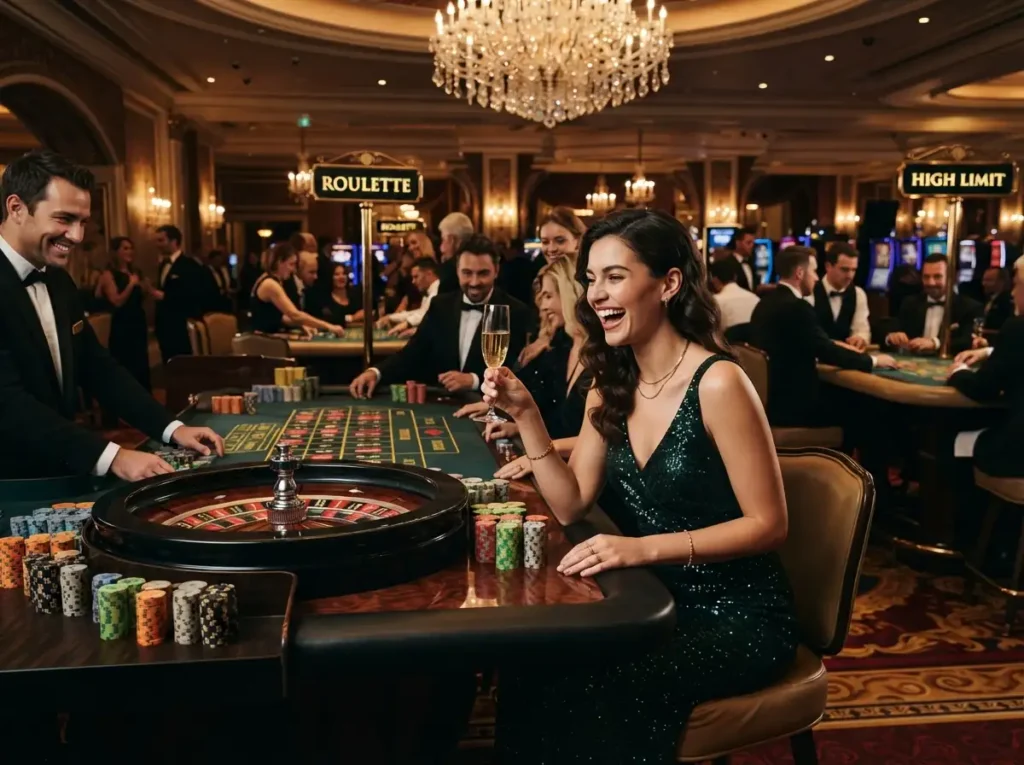 Woman enjoying an elegant gaming session in a luxury casino inspired by 747 Live Online Casino.