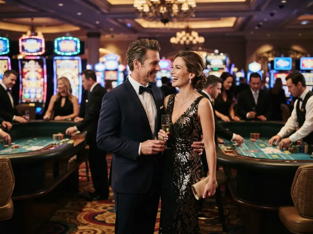 Elegant couple smiling while enjoying the lively gaming atmosphere at a physical casino, inspired by the excitement of 7JL Online Casino.