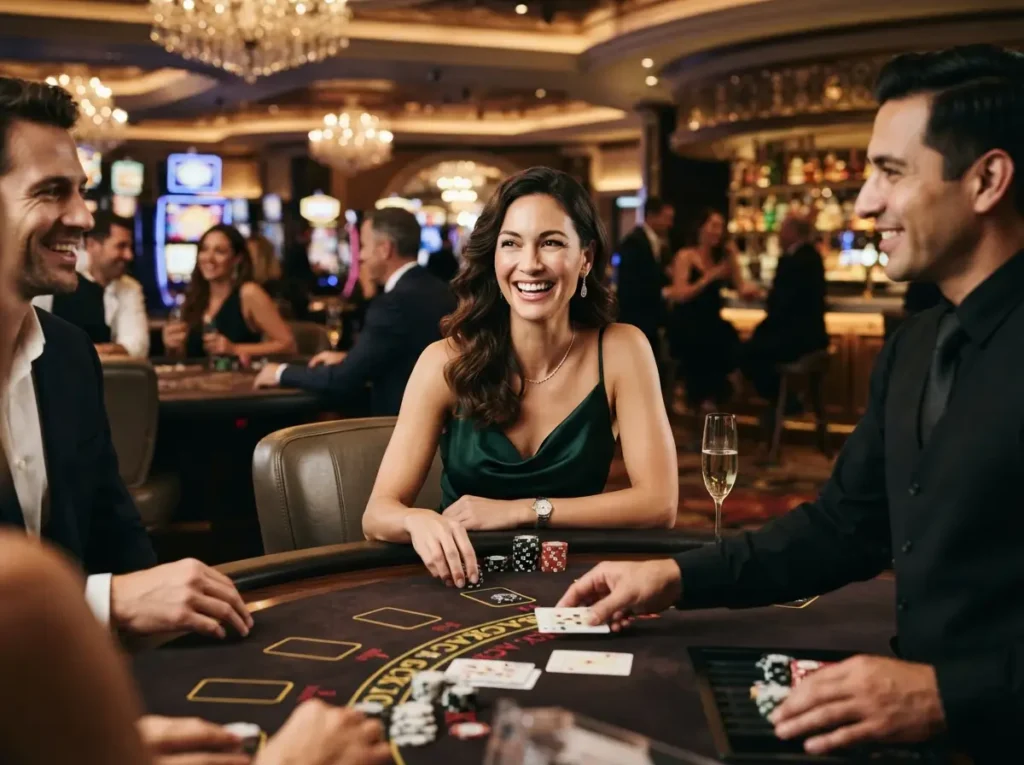 Elegant woman smiling while enjoying the gaming atmosphere inspired by 7JL Online Casino inside a luxurious casino.
