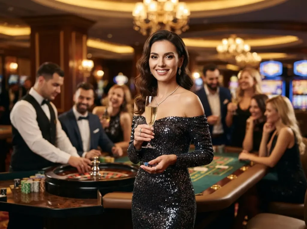 Glamorous player enjoying an elegant casino night at a gaming table inspired by 7JL Online Casino.