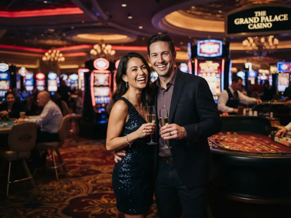 Smiling couple enjoying a glamorous casino atmosphere inspired by the excitement of 7JL Online Casino.
