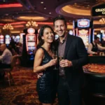 Smiling couple enjoying a glamorous casino atmosphere inspired by the excitement of 7JL Online Casino.