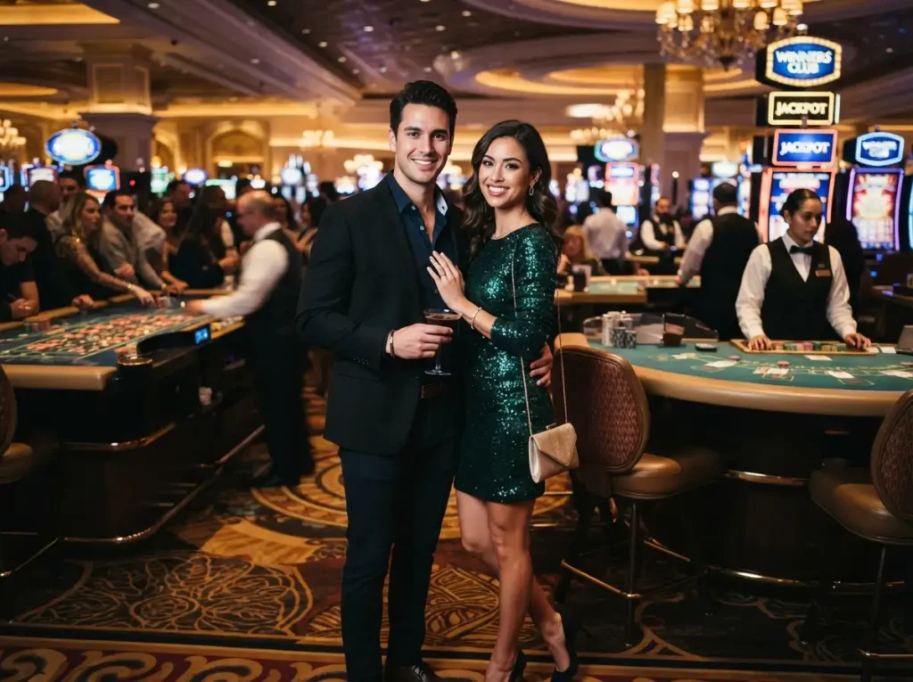 Elegant couple smiling toward the camera inside a luxurious casino while enjoying the AAAJL Online Casino experience.