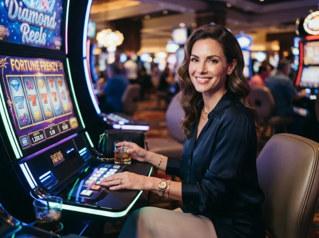 Elegant woman smiling at the camera while enjoying slot machines in a luxury casino, inspired by AAAJL Online Casino.