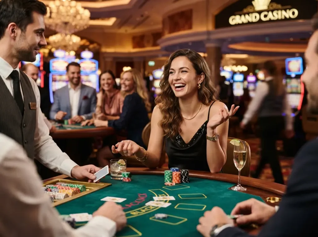 Woman enjoying a lively casino floor while exploring AAAJL Online Casino entertainment.