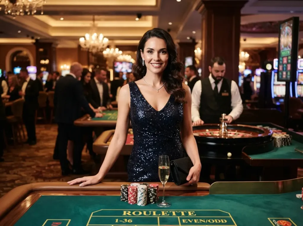 Woman enjoying a glamorous night at a luxury casino while representing AAAJL Online Casino.