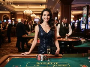 Woman enjoying a glamorous night at a luxury casino while representing AAAJL Online Casino.