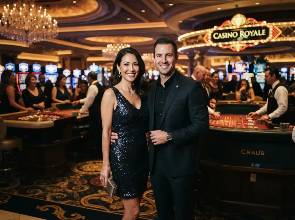 Couple smiling at the camera while enjoying the gaming floor at a luxury casino, inspired by the excitement of AU777 Online Casino.