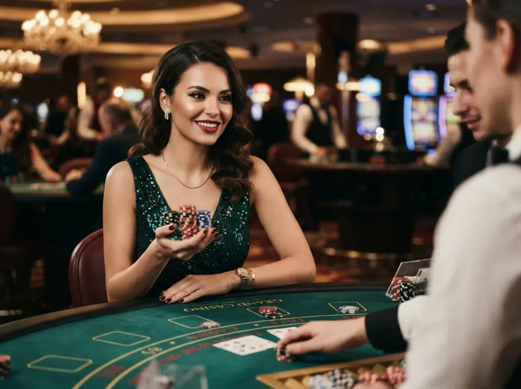 Elegant woman holding casino chips while enjoying the vibrant atmosphere inspired by AU777 Online Casino.