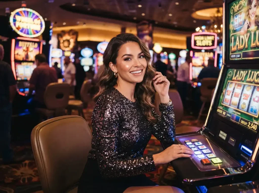 A glamorous player smiling at the camera while enjoying the vibrant gaming floor at an AU777 Online Casino-themed casino.