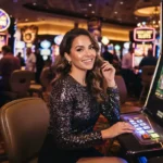 A glamorous player smiling at the camera while enjoying the vibrant gaming floor at an AU777 Online Casino-themed casino.