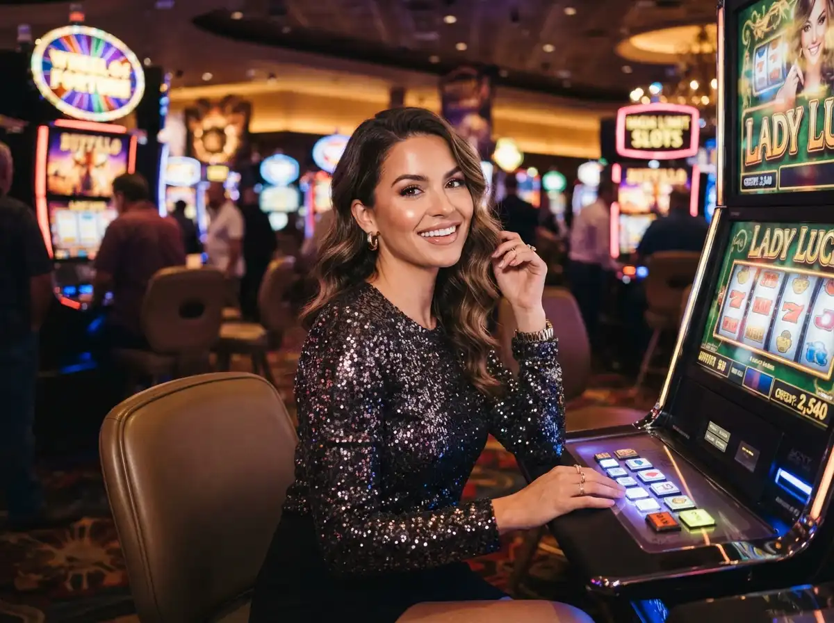 A glamorous player smiling at the camera while enjoying the vibrant gaming floor at an AU777 Online Casino-themed casino.