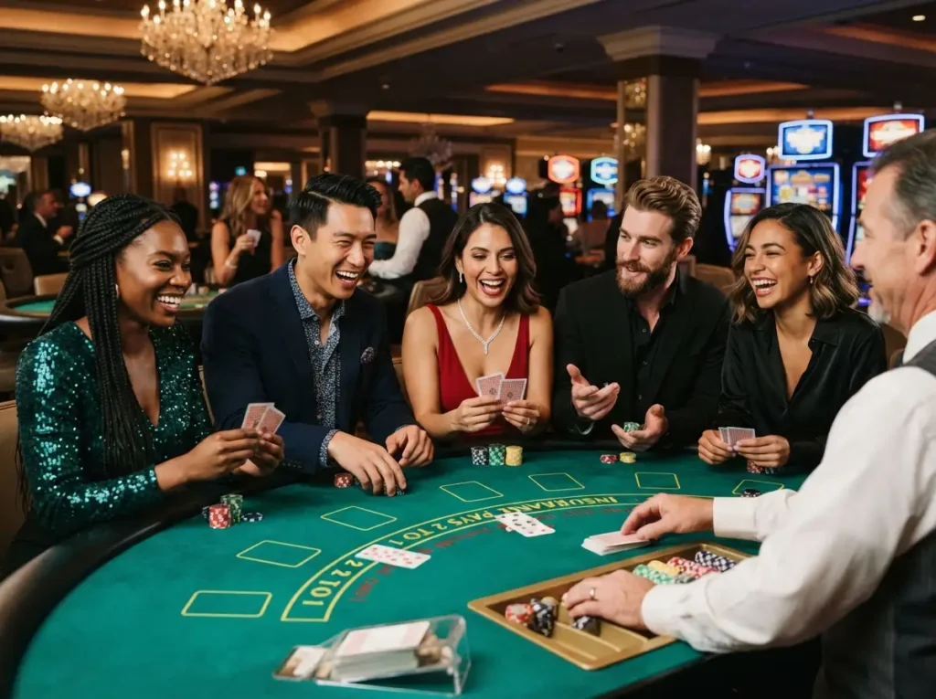 Friends enjoying table games in a luxury casino while exploring AU777 Online Casino entertainment.