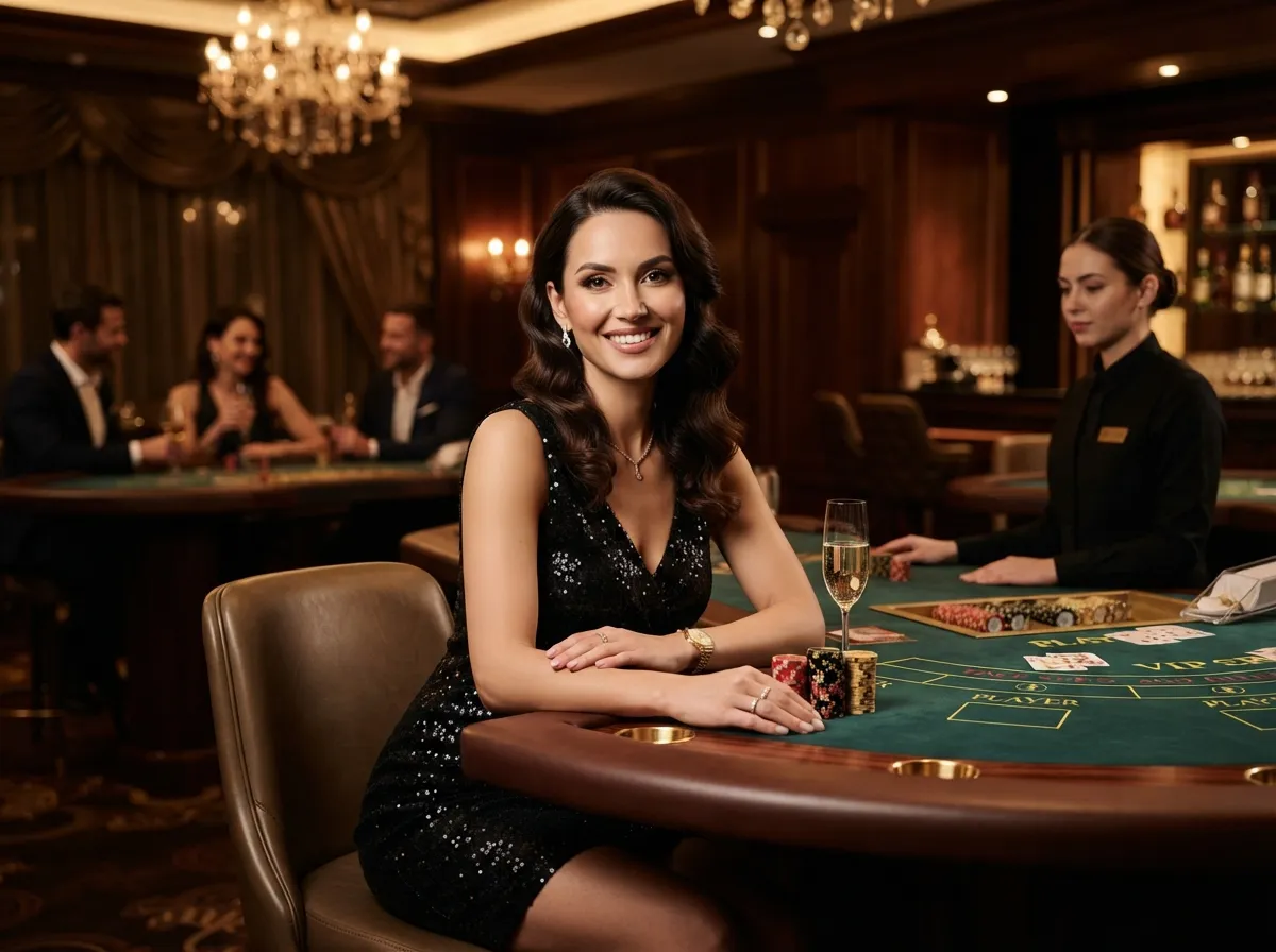 A chic female player enjoying a VIP casino room while exploring Biggest Online Casino games.