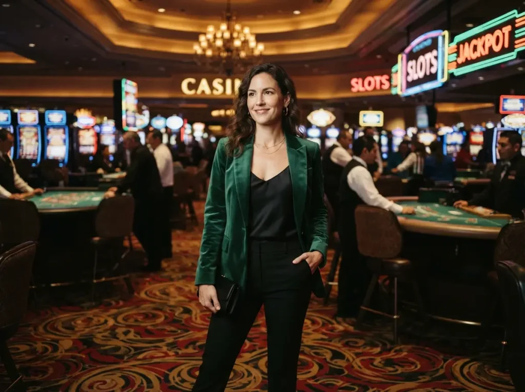 Confident woman standing inside a luxury casino while representing the excitement of the Biggest Online Casino.