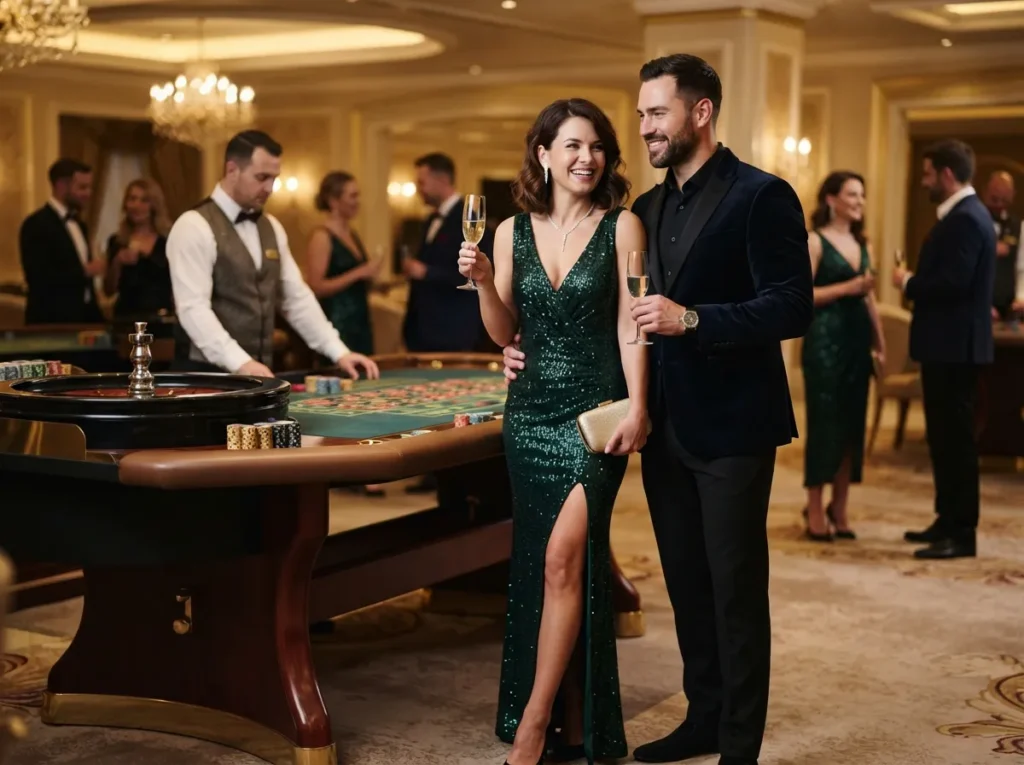 Glamorous couple enjoying a VIP gaming experience inside a luxury casino inspired by the excitement of the Biggest Online Casino.