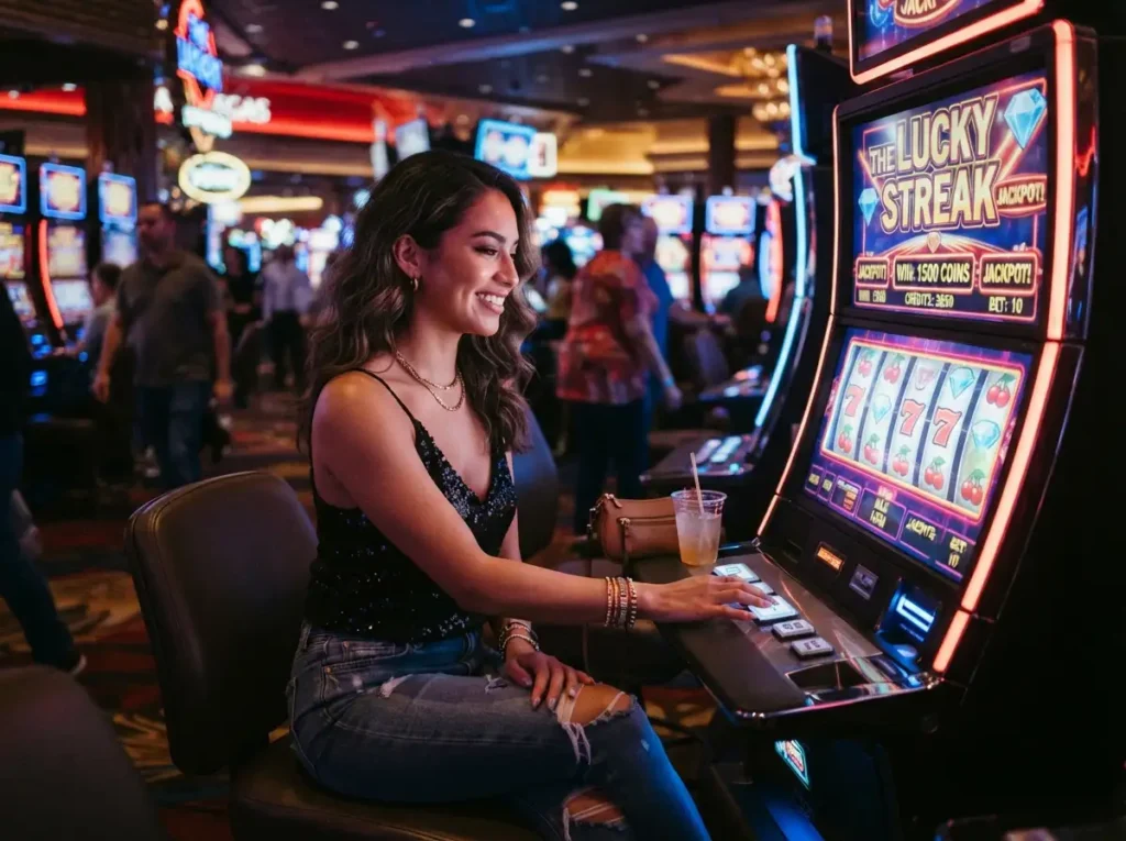Stylish female player enjoying the vibrant casino floor under slot machine lights at the Biggest Online Casino.