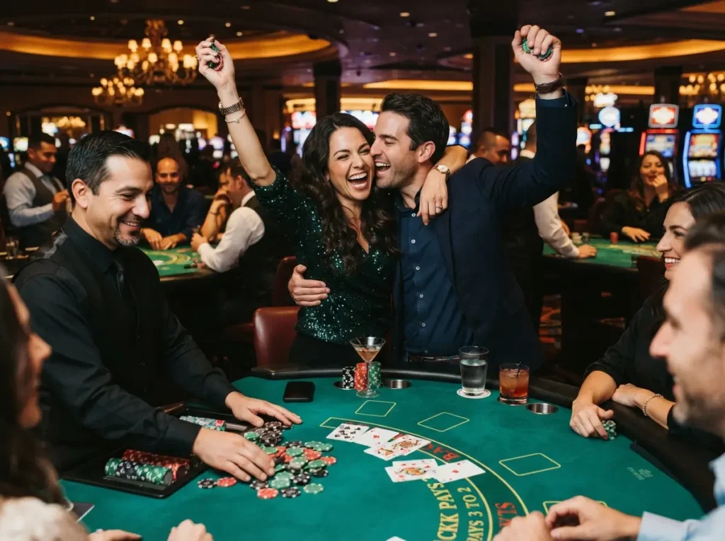 BMY888 Online Casino couple celebrating a winning hand while enjoying a lively game at a luxury casino table