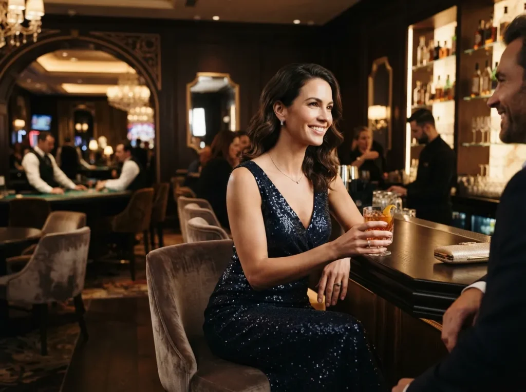 Elegant woman enjoying a VIP casino lounge experience inspired by BMY888 Online Casino with luxury gaming ambiance