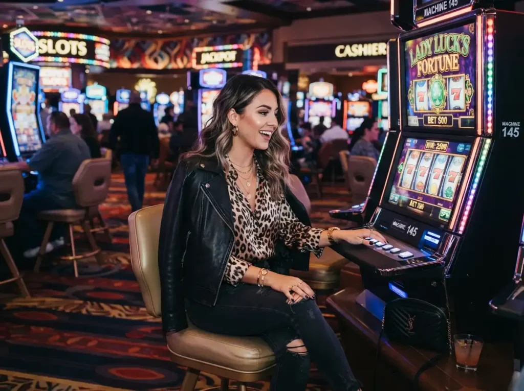 Fashionable female player enjoying a slot machine area inspired by the BMY888 Online Casino experience