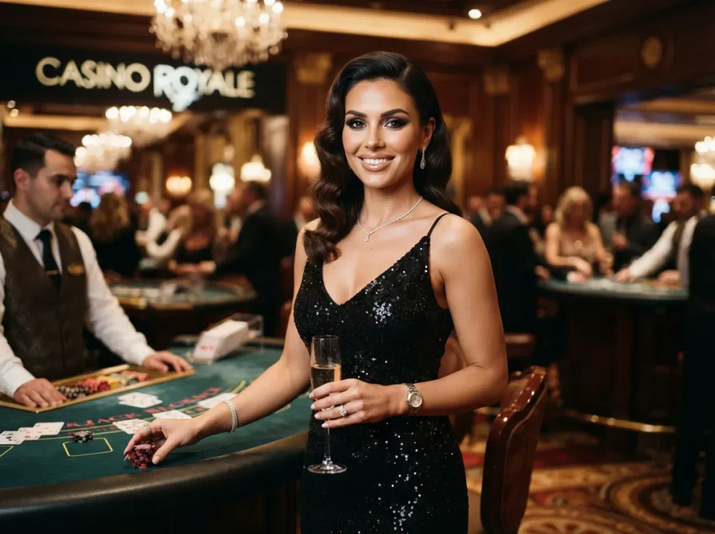 BMY888 Online Casino player enjoying a glamorous casino lifestyle with a front-facing lady inside a luxury casino setting