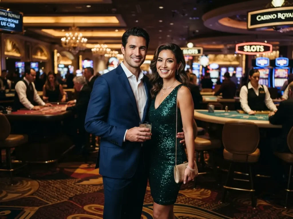Couple smiling at the camera while enjoying a game inside a luxury casino with CCZZ Online Casino.