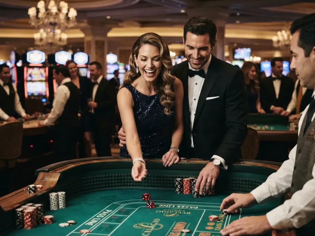 Elegant couple enjoying classic casino games inside a luxurious gaming venue inspired by the excitement of CCZZ Online Casino.
