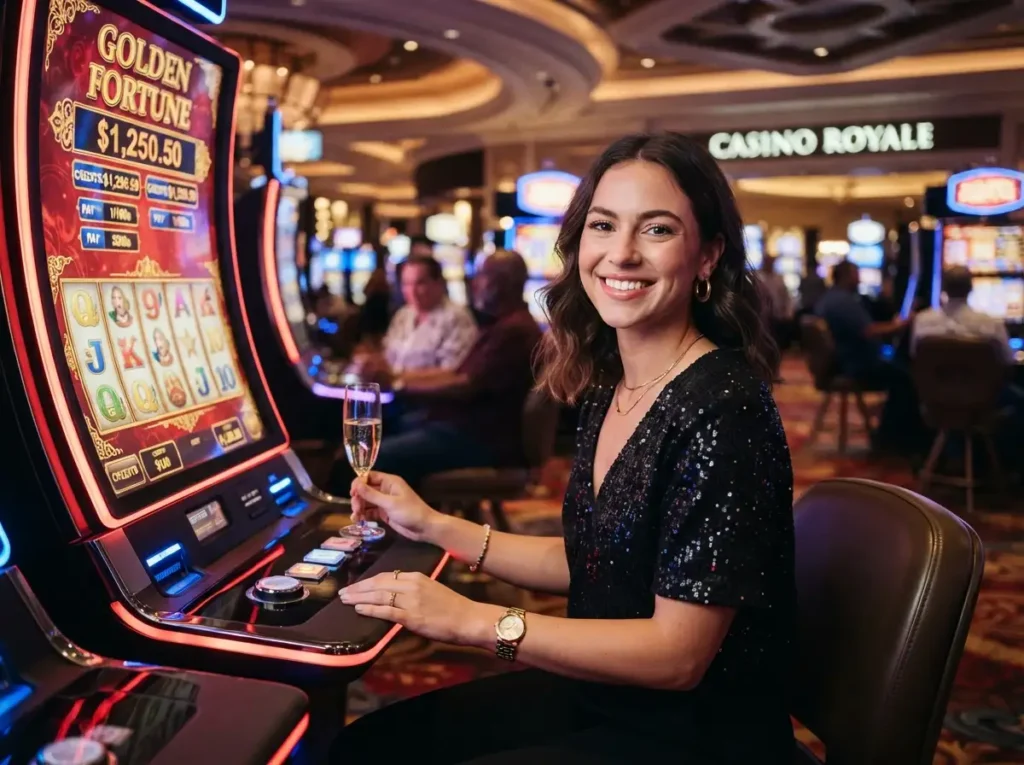 Elegant woman enjoying the slot machines at a luxury casino, inspired by the excitement of CCZZ Online Casino.