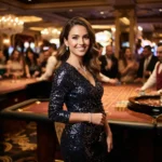 Glamorous woman smiling toward the camera while enjoying the casino atmosphere with CCZZ Online Casino inspiration.