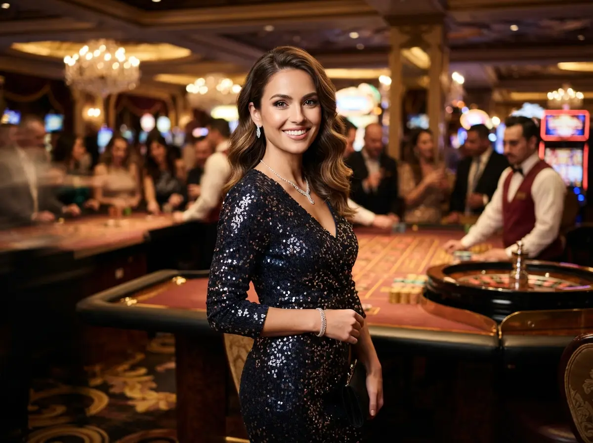 Glamorous woman smiling toward the camera while enjoying the casino atmosphere with CCZZ Online Casino inspiration.