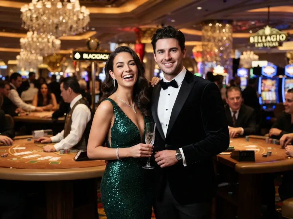 Couple enjoying a glamorous evening together inside a luxury casino at Extreme Online Casino.