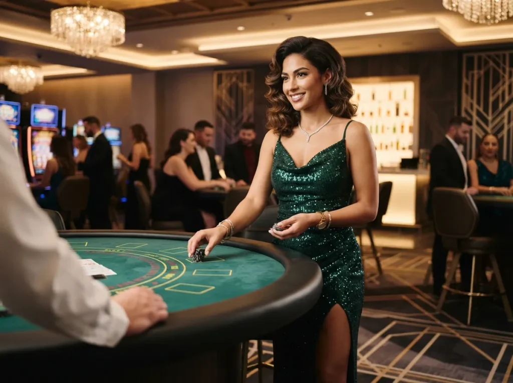 A glamorous woman enjoying a game in a luxurious casino while representing the excitement of Extreme Online Casino.