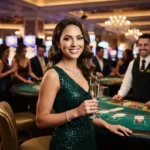 Glamorous woman smiling at the camera while enjoying the vibrant atmosphere of an Extreme Online Casino branded casino venue.