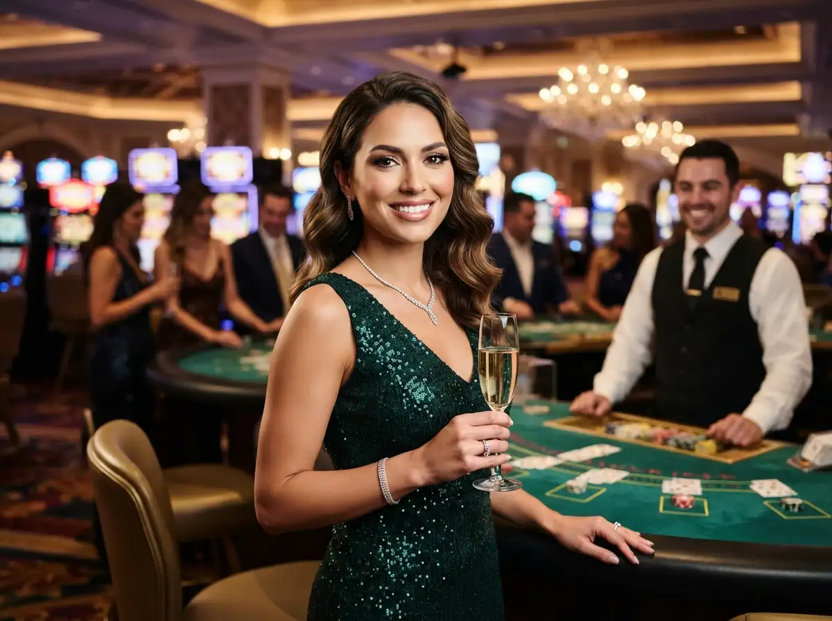 Glamorous woman smiling at the camera while enjoying the vibrant atmosphere of an Extreme Online Casino branded casino venue.