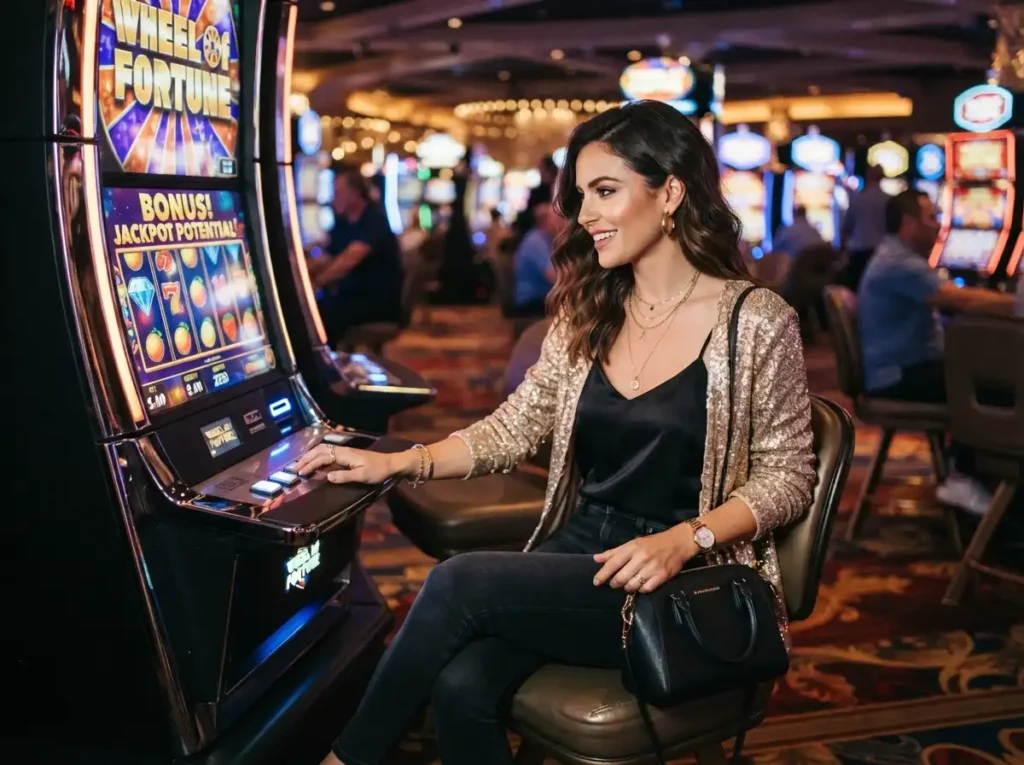 Stylish woman enjoying a slot machine inside a luxury casino inspired by the excitement of Extreme Online Casino.