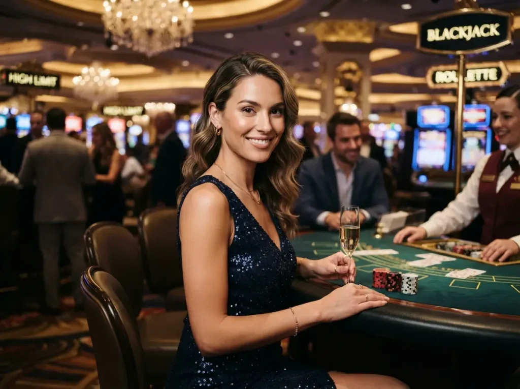 Elegant casino guest at a gaming table in a luxury venue inspired by the excitement of a low deposit online casino.