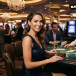 Elegant casino guest at a gaming table in a luxury venue inspired by the excitement of a low deposit online casino.