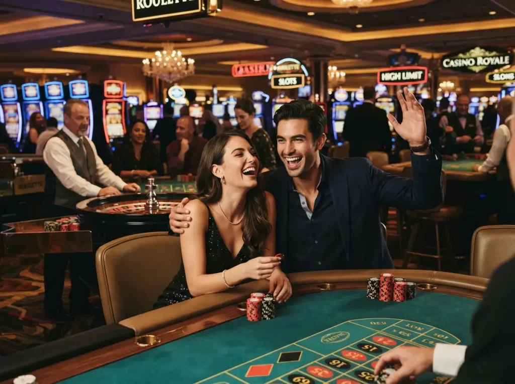 Couple enjoying a lively evening at a casino while experiencing the excitement of low deposit online casino entertainment.