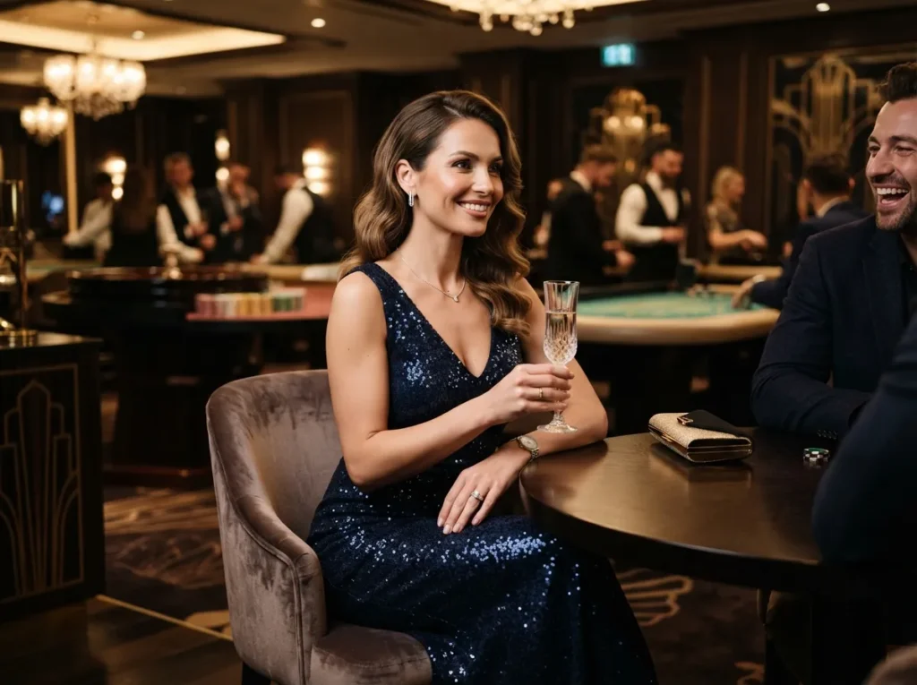Elegant female player enjoying a game at a VIP casino lounge, representing the excitement of a low deposit online casino experience.