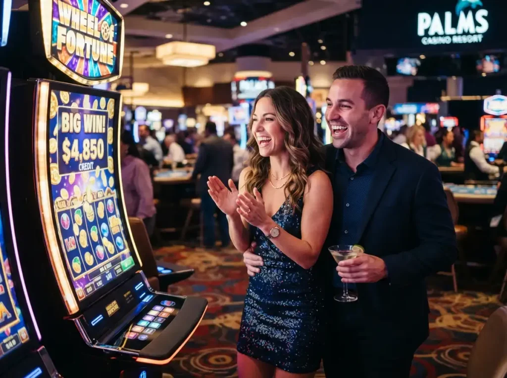 Happy couple enjoying a fun night at a physical casino, inspired by the excitement of low deposit online casino games.